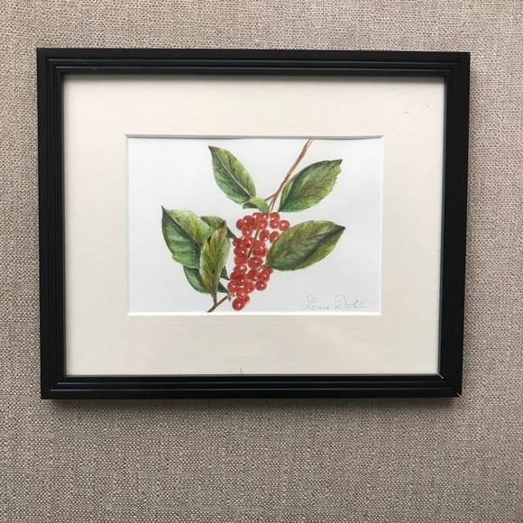 Original watercolor painting in black frame. Red Berries. - Picture 1 of 3